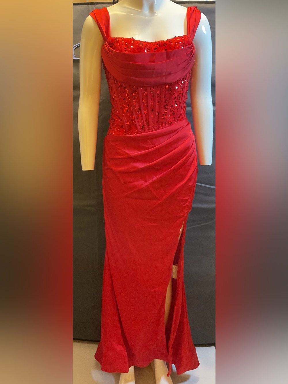 Red Sequin Bodice Evening Dress - Women